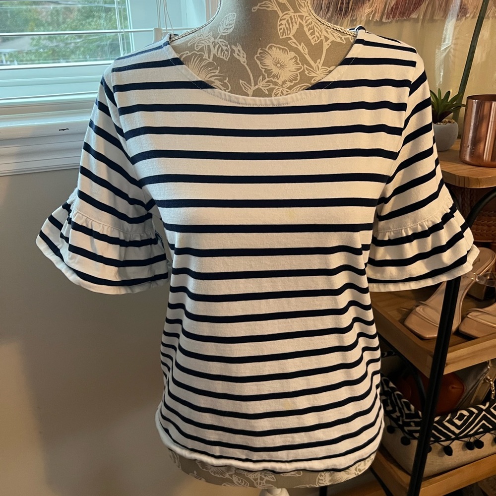 Navy blue and white striped J. Crew top